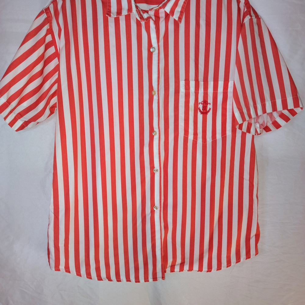 Red and White Casual Button Down Shirt with Vertical Stripes